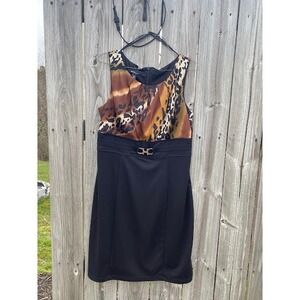Alyx Petite Leopard Print‎ Colorblock Sheath Dress Black Brown Gold 14P
